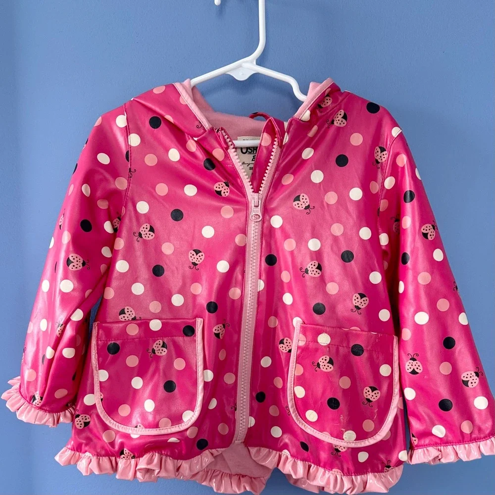 Y2K OshKosh Bgosh Girls Pink Ladybug Polka Dot Ruffle Raincoat Jacket 2T